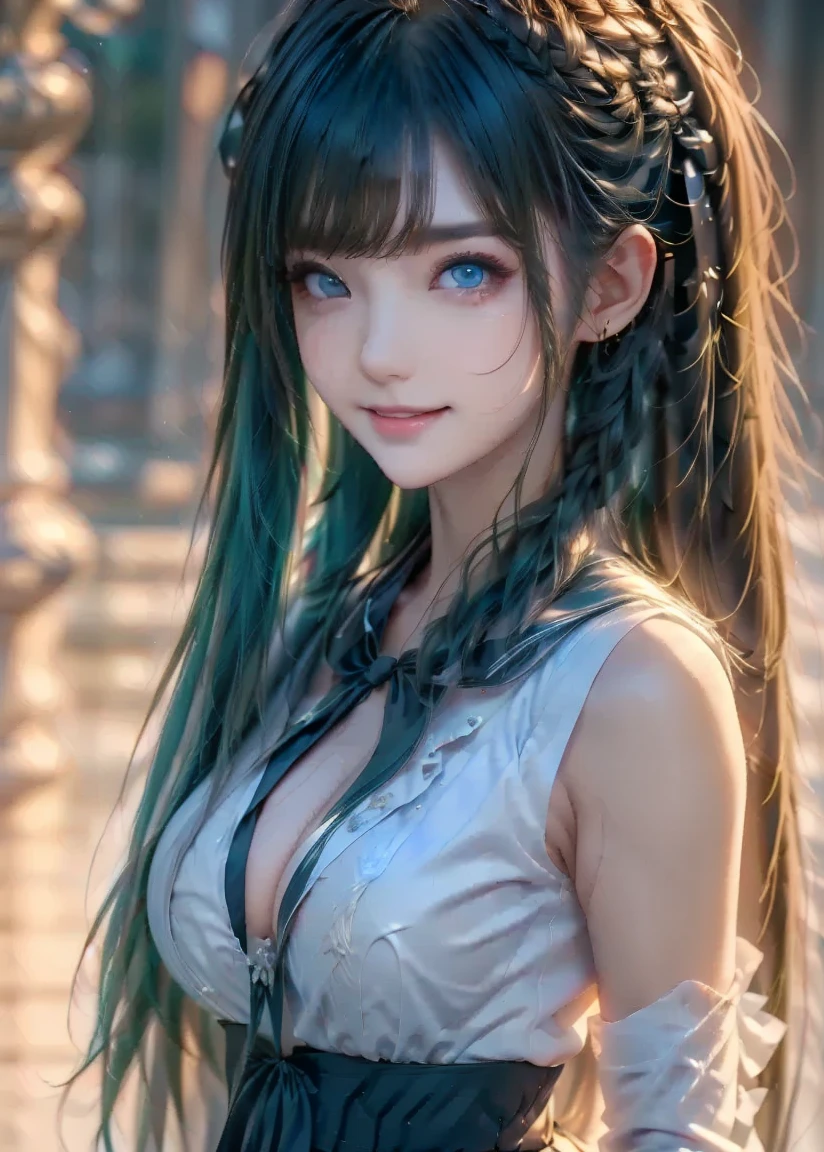 nsfw, 1girl, nude body, (masterpiece: 1.4), (8K, realistic, raw photo, best quality: 1.4), skirtlift, nipple areola shape clear, Japanese girl, beautiful cute face, (real face: 1.4), perfect pussy, view from below, bottom_view, beautiful hairstyle, realistic blue eyes, beautiful detail eyes, (real skin: 1.3), beautiful skin, attractive, ultra high resolution, ultra realistic, cinematic lighting, black colored hair, long hair, twin ponytails, blue ribbons, futuristic fantasy, beautiful garden