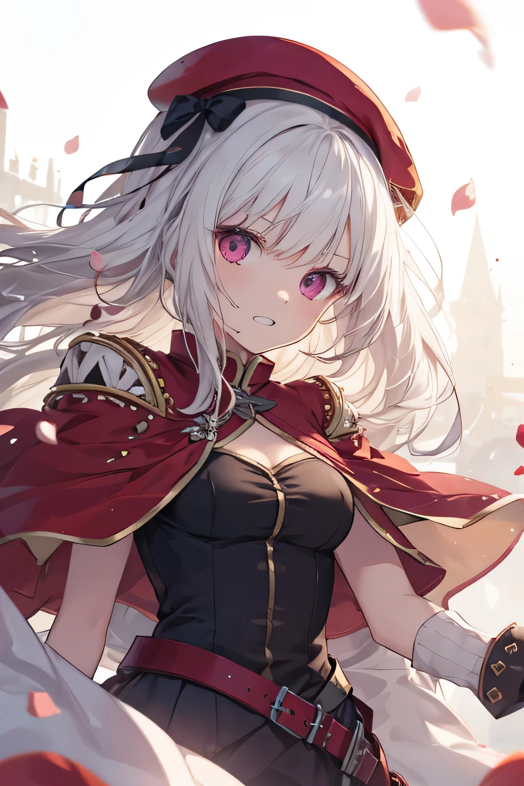 Serious girl, white hair, (showing teeth), castle background, castle background(mansion), complete anatomy, Graphic Effects, height 159 cm ( 5 feet 3 inches ), summoning circle background, red beret, strong breeze , sakura petals and leaves, , Masterpiece, the best quality