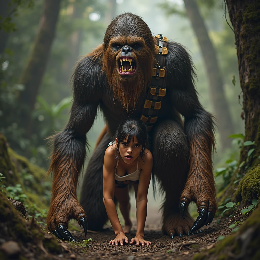 Aiki Enami hugging a giant gorilla, Medium brown hair, Big Tits, Big Ass, Japanese beauty, A large amount of purple fluid leaking from the anus,