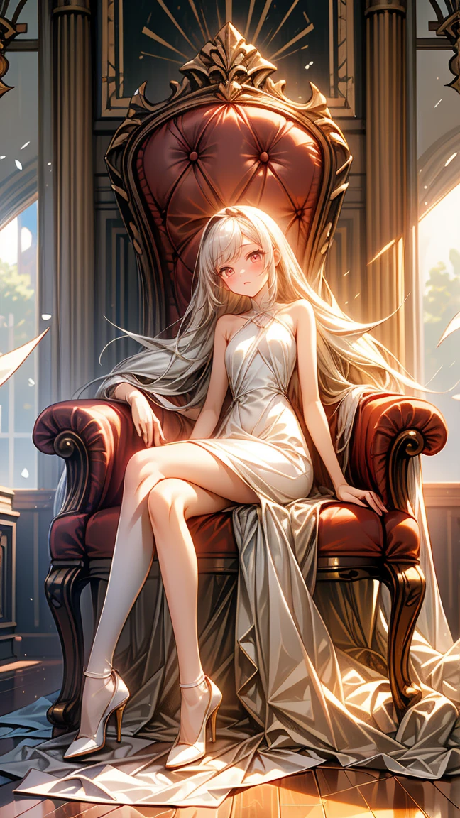 (best quality,4K,8K,high resolution,masterpiece:1.2),Super detailed,(actual,photoactual,photo-actual:1.37), (alone), (A very cute little boy:1.2) wear (Very long silk dress:1.1), (prince), (best wrinkles, best shadow, best texture), (barefoot), Soft curls, sDull eyes, (Dull eyes, looking at the audience, (anger, blush)), Exquisite silver long veil, (Sitting dignifiedly on an exquisite and solemn throne), In the splendid palace, Bathed in the warm golden sunshine, Create a dreamy and magical atmosphere.