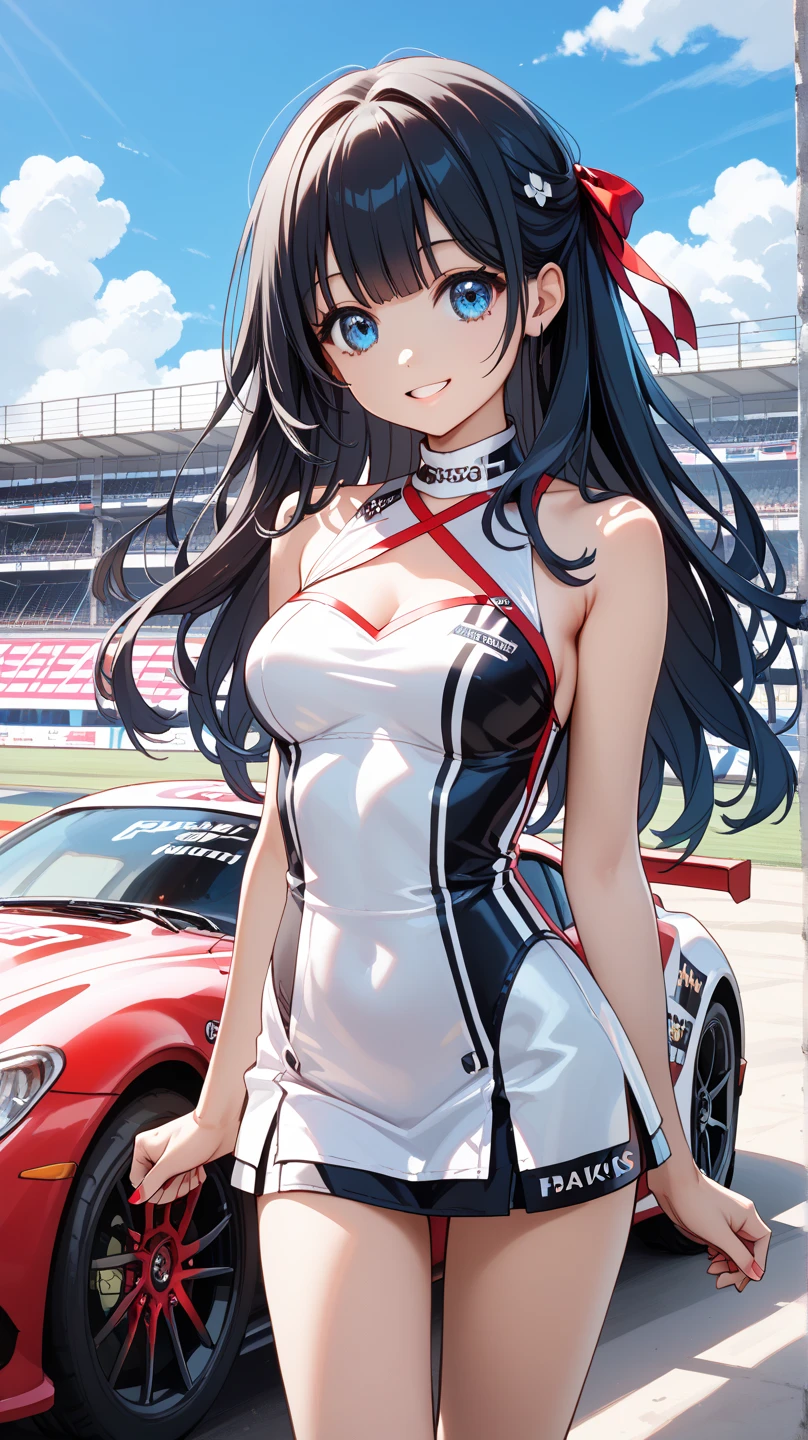 (dalcefo)、
ultra res、
(realisticlying:1.3)、
(1 slim girl)、stylish girl、lo fashion、
Young face、red blush、(evil smile)、
(Slimed)thighs thighs thighs thighs、、耳Nipple Ring、
(Race Queen)、(Clothes made of enamel material)、
gravure、cosplayer, Race Queen、Uniform with logo、 Exquisite beauty、Beautiful face, Race Queen, Multicolored inner color hair, dark brown skin, neons、Large crowds、audience、Forming an emperor、Drag racing、Midsommar Racing Circuit、racing car、Large crowds、Spectators、