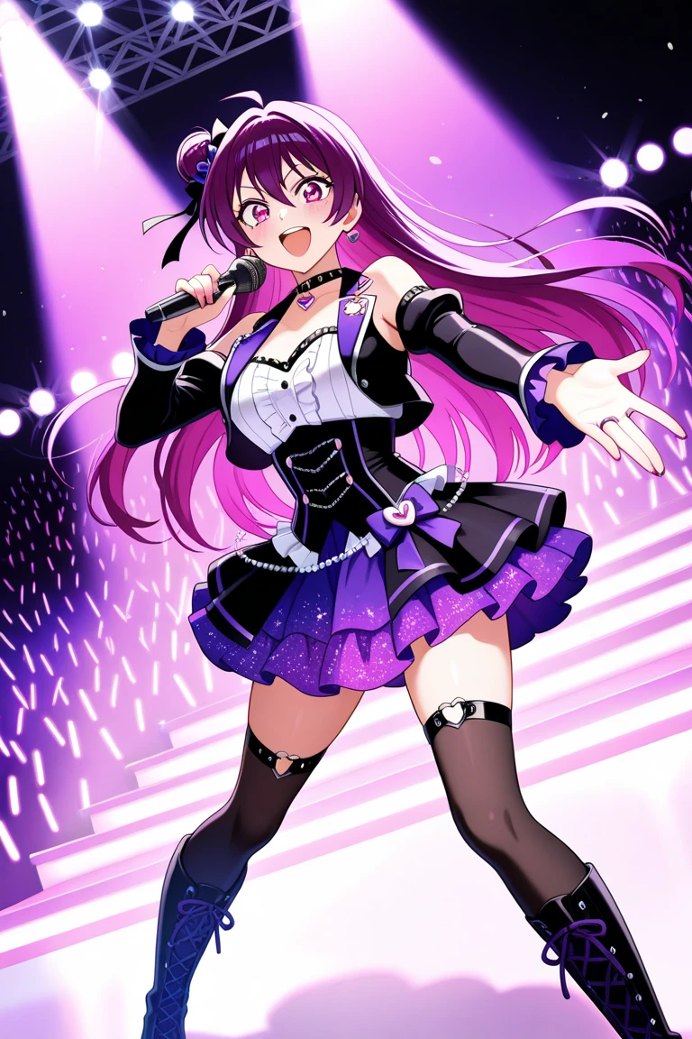 Anime image of a woman in a pink and white dress dancing on stage with a microphone, 1girll, full bodyesbian,microphones, Solo, High heels, upper legs, stage light, Stage, Purple eye,Star eyes,Sparkling eyes,Shining eyes,Detailed eyes, white thighhighs, Purple colored hair,Blowing hair, holding microphone, Holding, Smile, hair adornments, view the viewer, dress, Short sleeves, flower, hair flower, Breasts, frilld, Pink footwear, full bodyesbian, frill dress,Large breasts