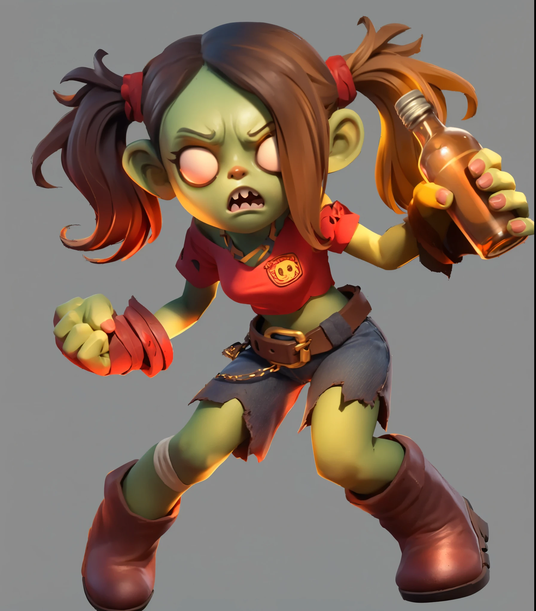 Midjourney Niji Stylized drawing: 1.5,Night: 1.3, Zombie ,Holding a wine bottle,Angry Expressions,cute ,Short red top, jeans ,Ankle boots,Appropriately exaggerated body proportions, vivid expressions, three-dimensionality, expressiveness, and atmosphere,stylized exaggeration: 1.3, 3D, high quality, 4k