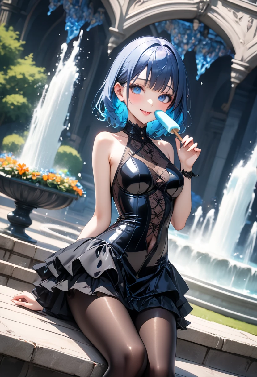 1 2d girl with short blue hair, in a black dress with white panties and white skin color with her hands making a heart sign