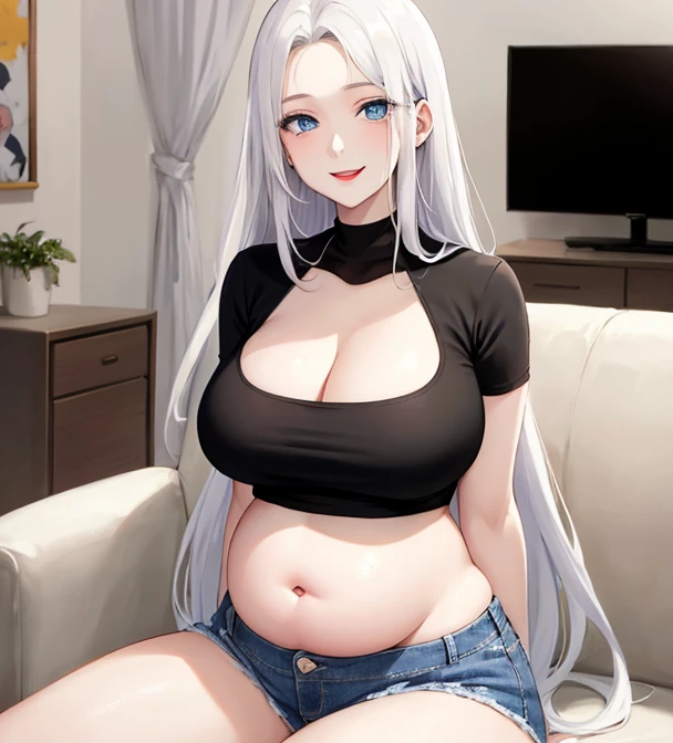 (long hair), (wavy curly hair), ((((white hair)))), (perfect eyes), (sparkling eyes), (huge chest), (((huge breasts))), (wide hips), (thick hips), (thick thighs), ((blue cyan eyes)), casual clothes, (((white shirt))), shorts jeans, big lips, eyeliners, ((full makeup)), smirk