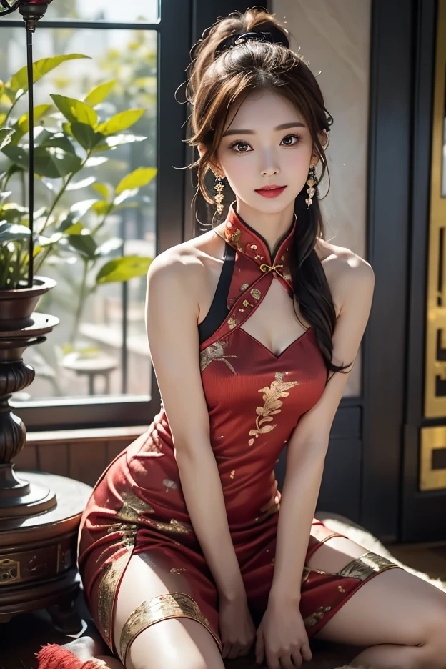 beautiful girl,sexy,Wear a traditional Chinese dress with open shoulders.,sitting on the throne