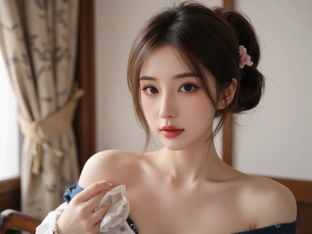 (((best quality))),(((ultra detailed))),(((masterpiece))),illustration,1girl,solo,short ponytail,slim,thin,small breasts,flat chest,strapless white bra,in kendo gym,focused and determined expression,ready for challenge,slender and elegant face,confident and resilient,fair skin,blush,neat teeth,bright smile,clean and tidy uniform,wooden gym floor,wall,pine scent,standard grip,ready to slice through obstacles,strong belief,determination,spirit of resilience,admiring,((from front,close-up of face))