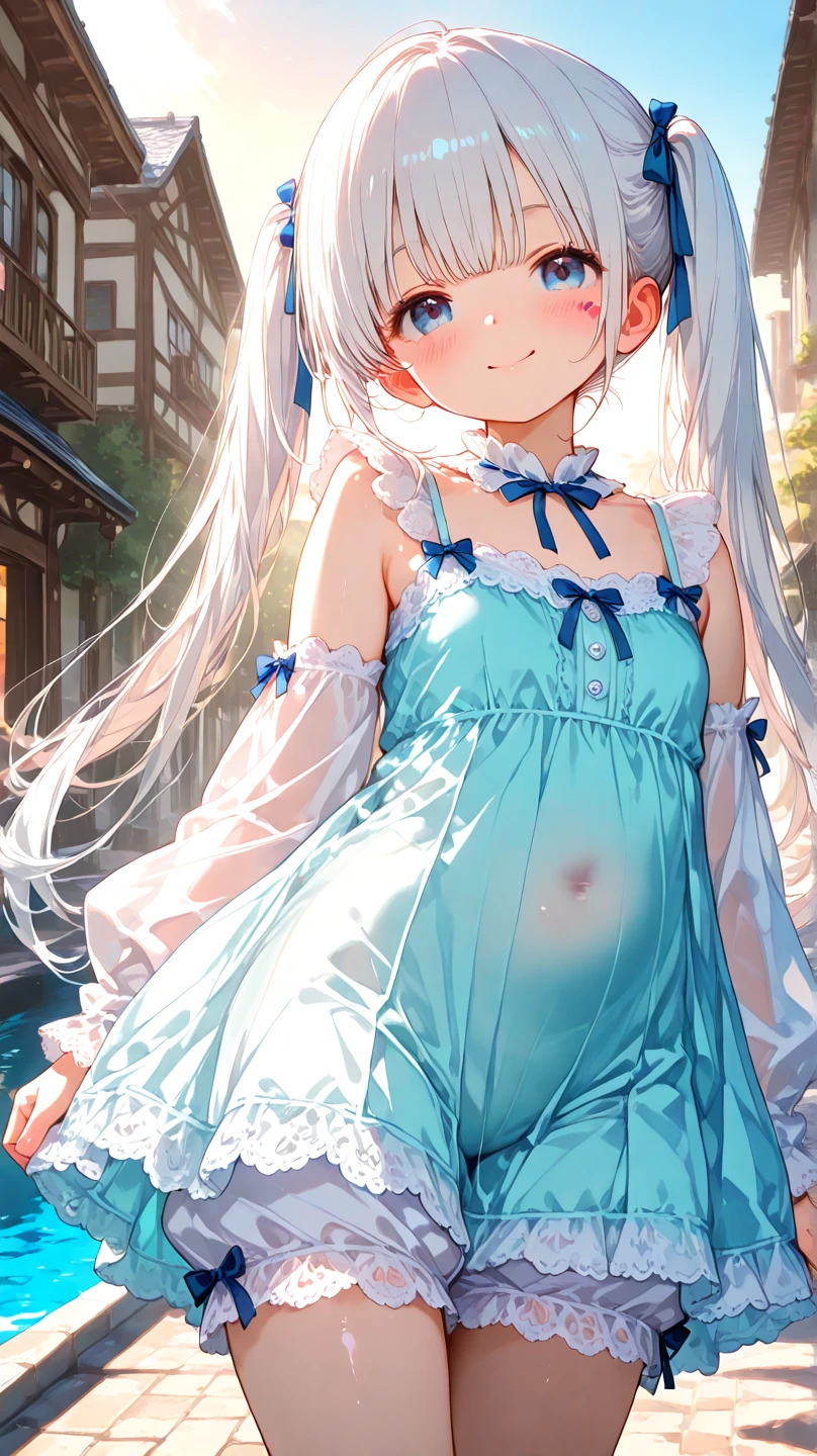 Female, 10 years old, Light brown long straight hair, She is small、dark brown eyes, Silver necklace, Slightly bigger eyes, There, on her right hand list, is a wristwatch., Detailed female genitalia、Thin pubic hair、standing with spread legs、Smirking smile、Naked