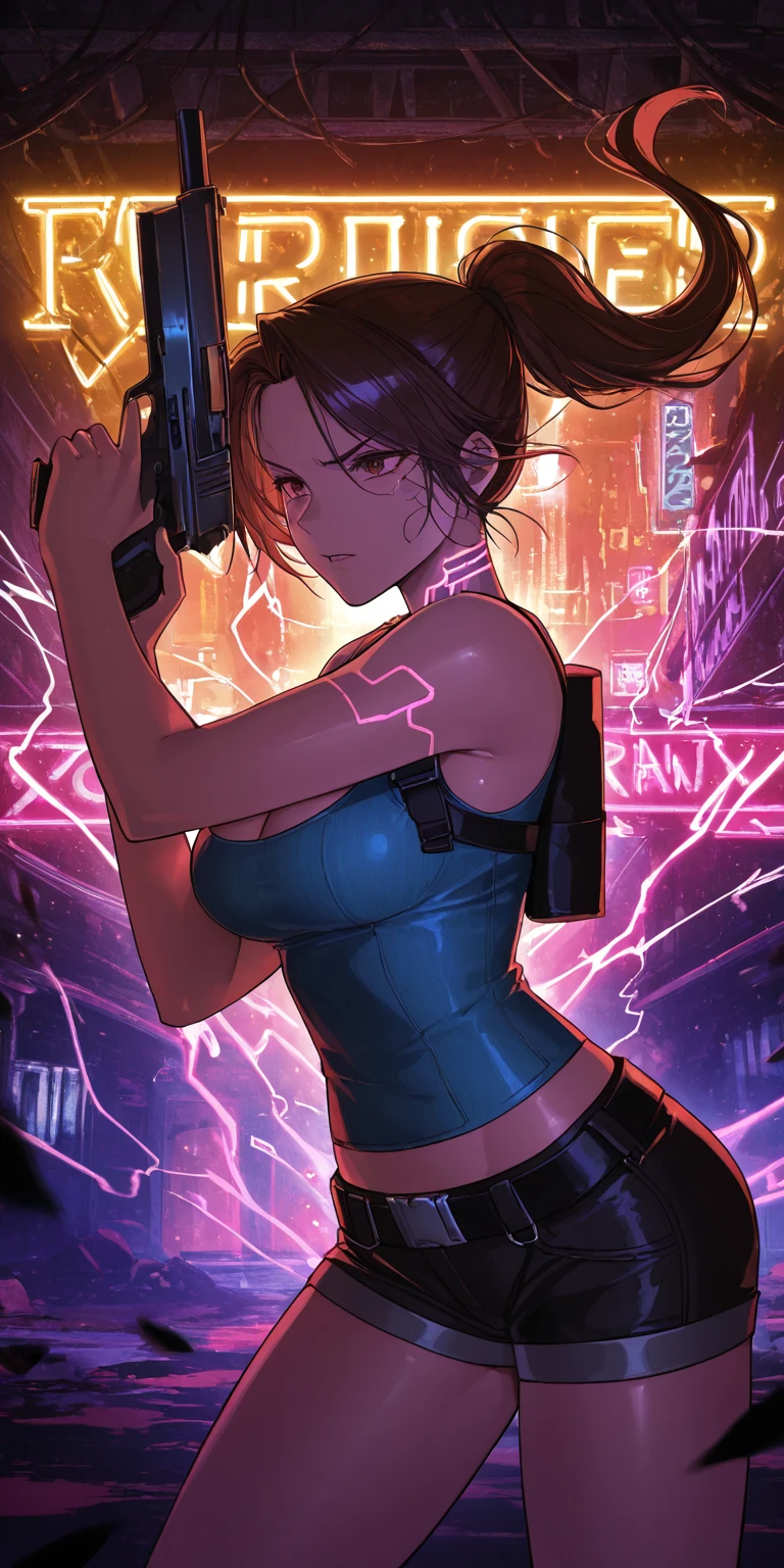 Woman with tied brown hair, greeneyes, walking down a street in a cyberpunk city, robberies, Neon lights, natta
