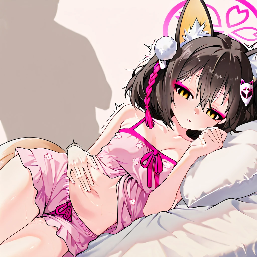 ((NSFW)),Beautiful illustration、masuter piece, (masterpiece、top-quality、8K ),intricate detailes,ultra-detailliert,softfocus、Fubuki_Kantai Collection, Black hair,Short ponytail,side locks,Low ponytail,Green eyes,Black eyes,small tits、a junior high school student, 14years、Navel Ejection、Cat's ears、tail、underboob、(((Pink Magical Girl Costume))),(((an lingerie))),frills skirt、Lying, on back, on the beds,