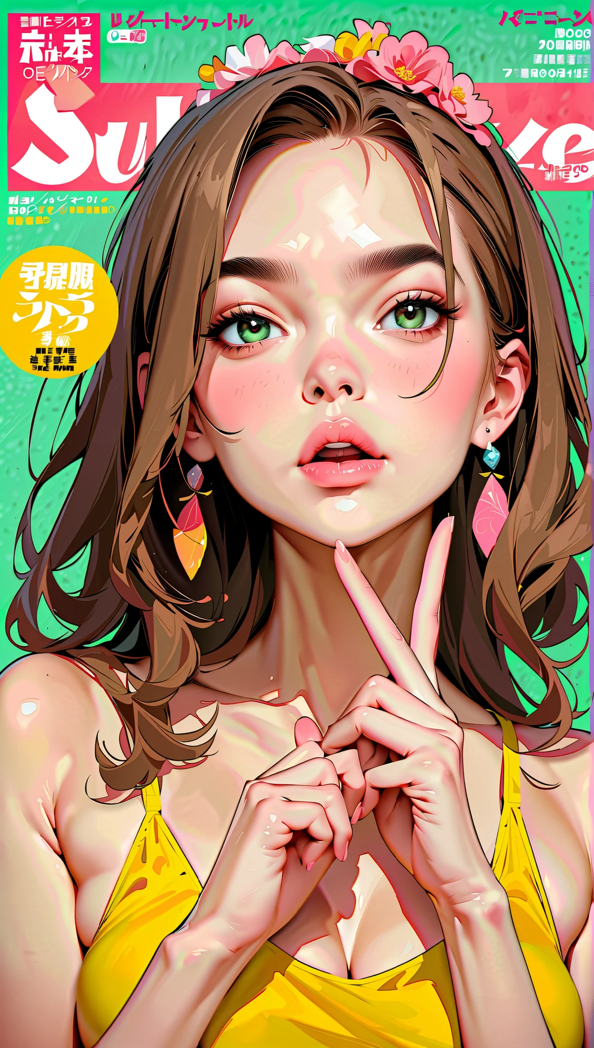 Perfect drape configuration :1.331, proper placement :1.331, Golden Ratio:1.331, (masterpiece, best quality :1.331), beautiful Japanese woman holding a panty , Alone, anatomically correct proportions:1.331, small head :1.331, anime style, Pop Art Style , sexy idol, Blurred vision, sexy face, Orgasm Face, put sunglasses on your head , put your hand on your cheek, Perfect Meaning, Pink lower lip, plain makeup for Japanese high school girls , Dark brown hair, Length Hair, Asymmetric Wavy Hair , Long Bangs on One Side , Color Highlights , tight gold camisole , Subculture magazine , lively magazine cover showing content , color々Show content , adult magazine cover ,