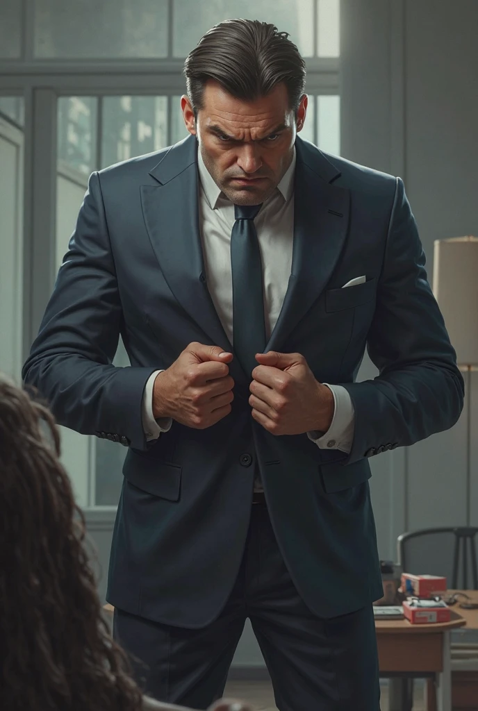 best quality, realistic, portrait, dark, dramatic lighting, intense colors, bound male to chair, desperate expression, detailed facial features, muscular physique, veins popping, distressed eyes, clenched fists, girl unconscious on the floor with disheveled hair, pale complexion, bruises on her face, helpless expression, in bra and underwear,man standing over her with a taser, sinister look, tall and intimidating, dimly lit room, gritty texture, chilling atmosphere, unsettling tension, suspenseful scene