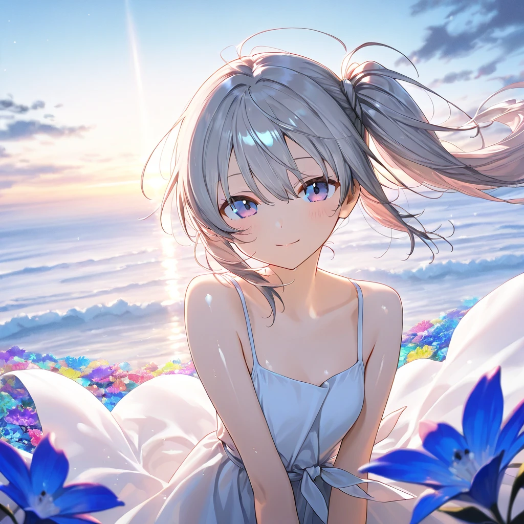 1girl, solo, ((masterpiece)), ((best quality)), ahoge, white sundress, summer, dress, sunlight, smile, blue sky, turning her back,