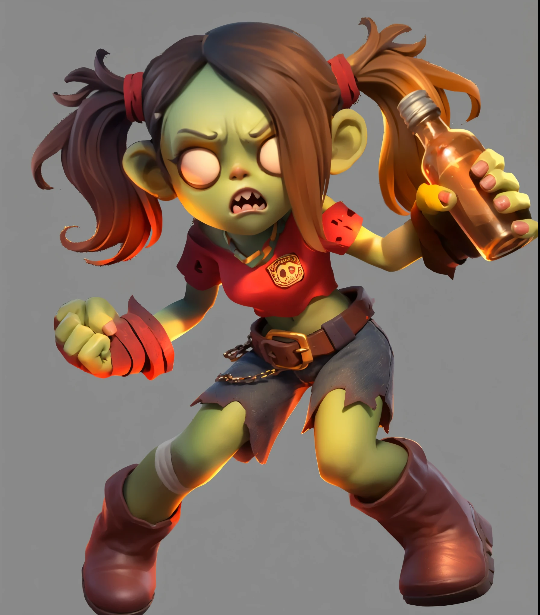 Midjourney Niji Stylized drawing: 1.5,Night: 1.3, Zombie ,Holding a wine bottle,Angry Expressions,cute ,Short red top, jeans ,Ankle boots,Appropriately exaggerated body proportions, vivid expressions, three-dimensionality, expressiveness, and atmosphere,stylized exaggeration: 1.3, 3D, high quality, 4k