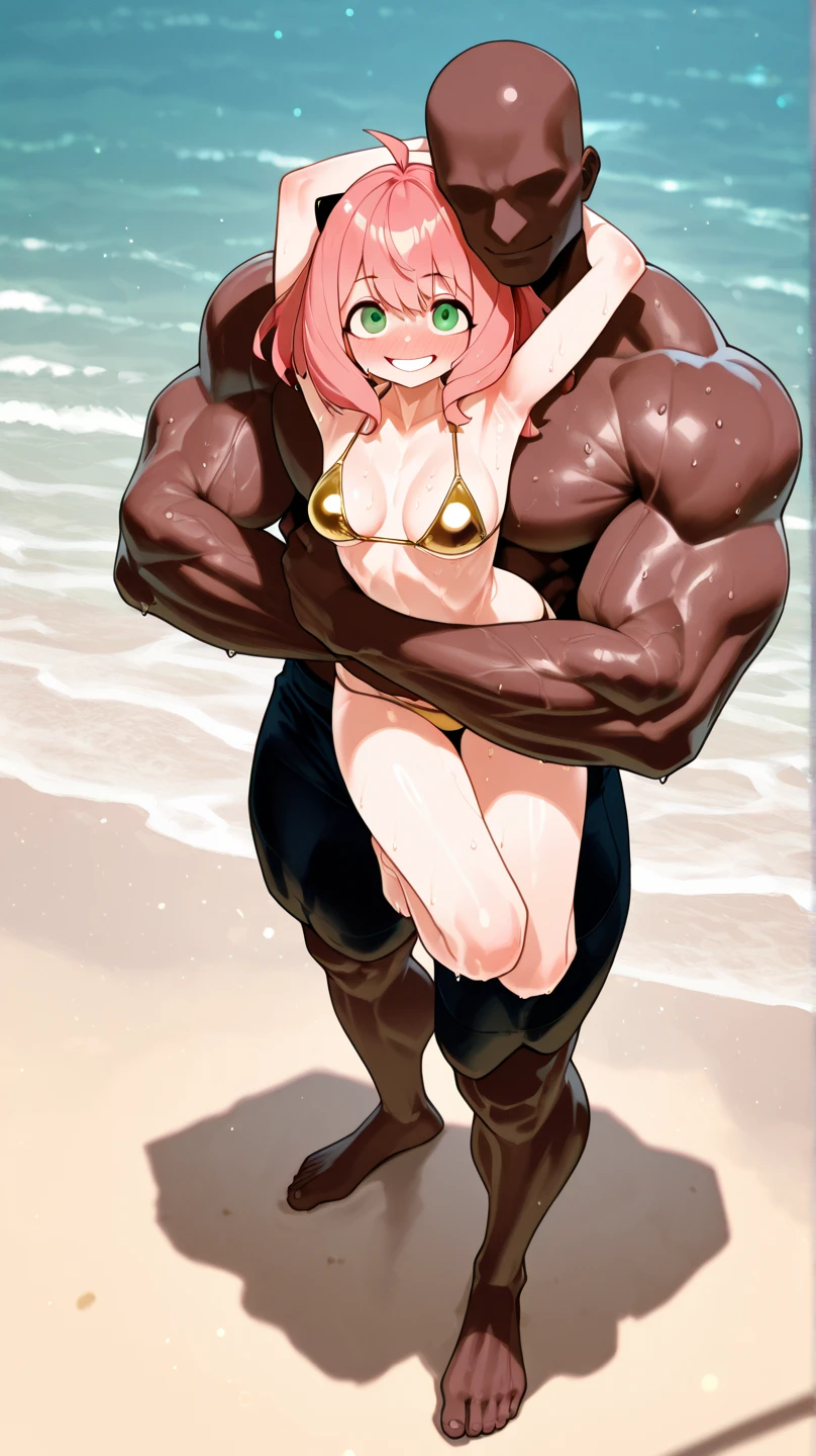 score_9, score_8_up, score_7_up, source_anime, 1girl, 1boy, netorare, ntr, cuck, cucking, cuckolding, ((cuckold pov)), interracial, dark_skinned_male, hutao, front view, ikuchan, outdoors, netorare,  ntr, smug, winking, breast grab, maledom, large male, size difference, standing side by side, beach, bikini, male head out of frame, tall male 