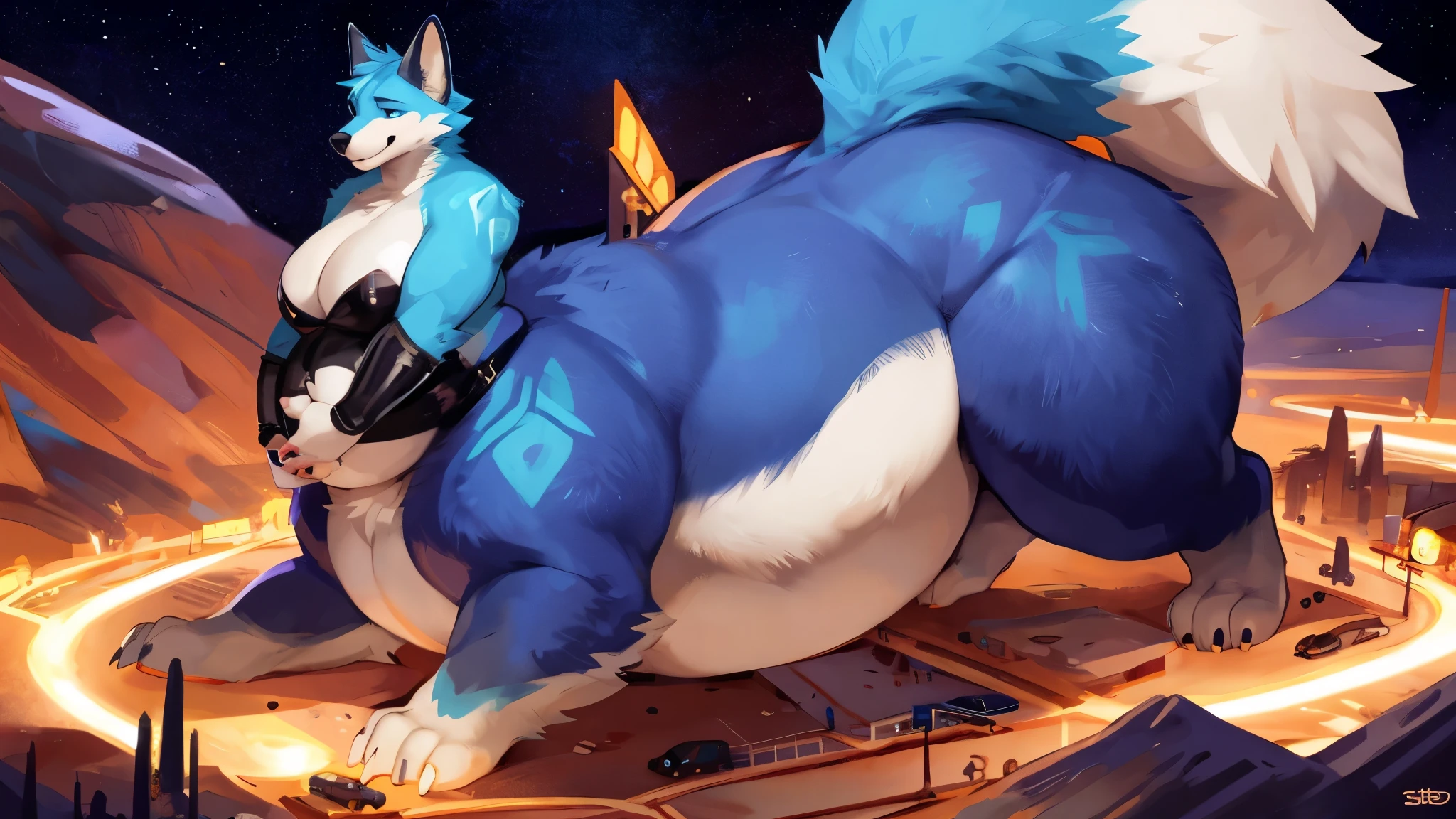 ((masterpiece)), ((8k)), ((SFW)), ((uploaded on e621)), (by slugbox), (by bonifasko), (by cervina7), (by null-ghost), (high resolution), ((Anime-ish high quality)), (best quality), (super fine illustration), (highly details), ((Machgaogamon)), ((black eyewear on head)) ((fluffy dog)), ((Female)), (anatomically correct), ((pawpads:1.4)), (five fingers), ((tuft)), (fluffy fur)), ((fluffy fur body:1.3)), ((detailed fluffy fur)), (highly detailed face), (detailed hands), (detailed body), ((detailed eyes)), (big yellow eyes), ((looking at viewer)), ((dynamic angle:1.3)), ((face close-up)), ((crotch focus)), ((furry)), Adult, ((gigantic breasts:1.8)), ((sagging breasts)), navel, cleavage, Sexy, ((huge muscular female:1.3)), ((muscular figure)), ((massive and strong body)), ((veins:1.6)), ((veiny muscles)), (veiny arms), (veiny legs), ((wide waist:1.4)), ((muscular arms)), ((muscular legs)), ((abdominal muscles:1.6)), (Oblique muscle), serratus anterior muscle, ((thick thighs:1.3)), ((wide hip)), ((blush)), (long snout), (big tail), ((fangs)), open mouth, (claws), ((breath visible)), ((sweaty:1.8)), ((sweats dropping:1.8)), ((many scars all over the body:1.8)), ((many scratches all over the body:1.8)), ((a lot of claw marks all over the body:1.8)), ((facial scars:1.6)), ((detailed scars)), ((deep scars)), ((glistening clothing:1.8)), ((fake rabbit ears on head:1.3)), ((black latex)), ((garter belt:1.6)), ((fishnet legwear:1.3)), ((strapless:1.8)), ((black bunny costume:1.8)), ((ribbons:1.3)), ((nipple outline:1.6)), ((pussy outline:1.3)), ((holding breasts:1.6)), ((sexy pose)), ((lying:1.6)), ((in the casino)), ((neon lights)), ((slot machines)), ((a crowd of furry:1.6)), ((detailed background)), ((cinematic lighting)), ((gorgeous light and shadows)), ((highly detailed background)),
