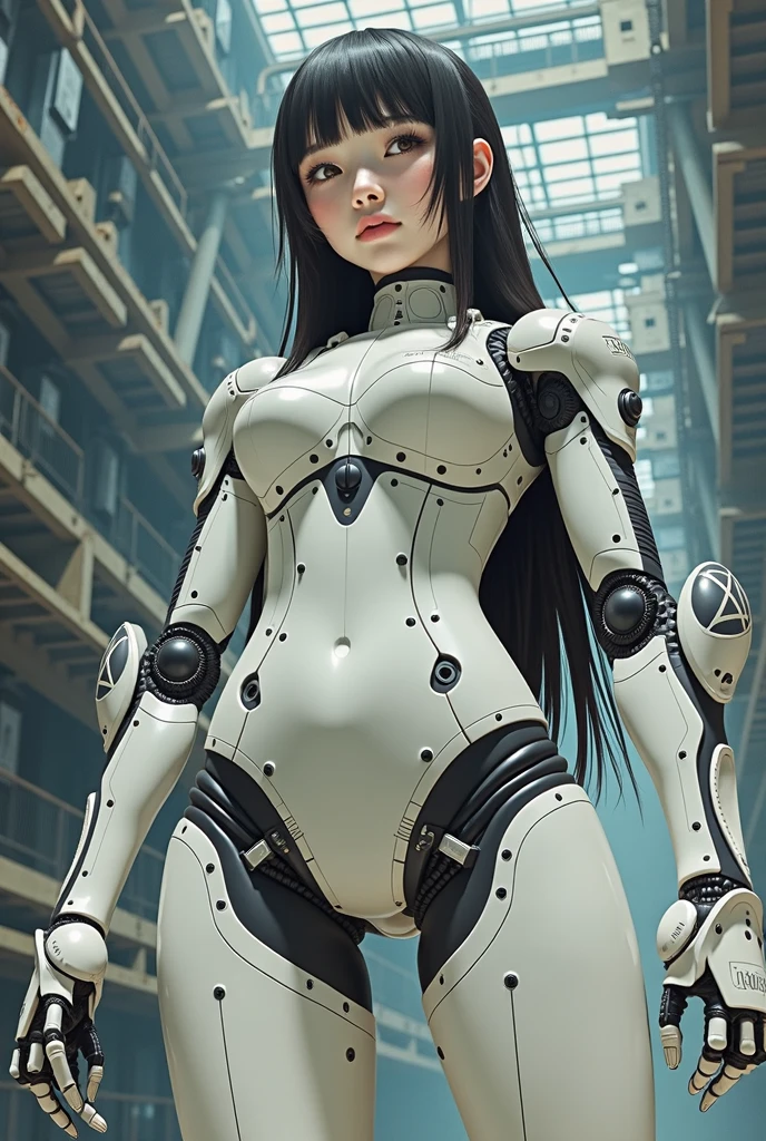 female robot, skin part is only face, silver metal skin, full metal robot body, mechanical parts, electronic wire, cum in pussy, high quality, medium breasts, long hair, tall, thigh gap, full body metal skin, wet, cum in pussy, metallic tits, separated breast, under repair, anatomical body