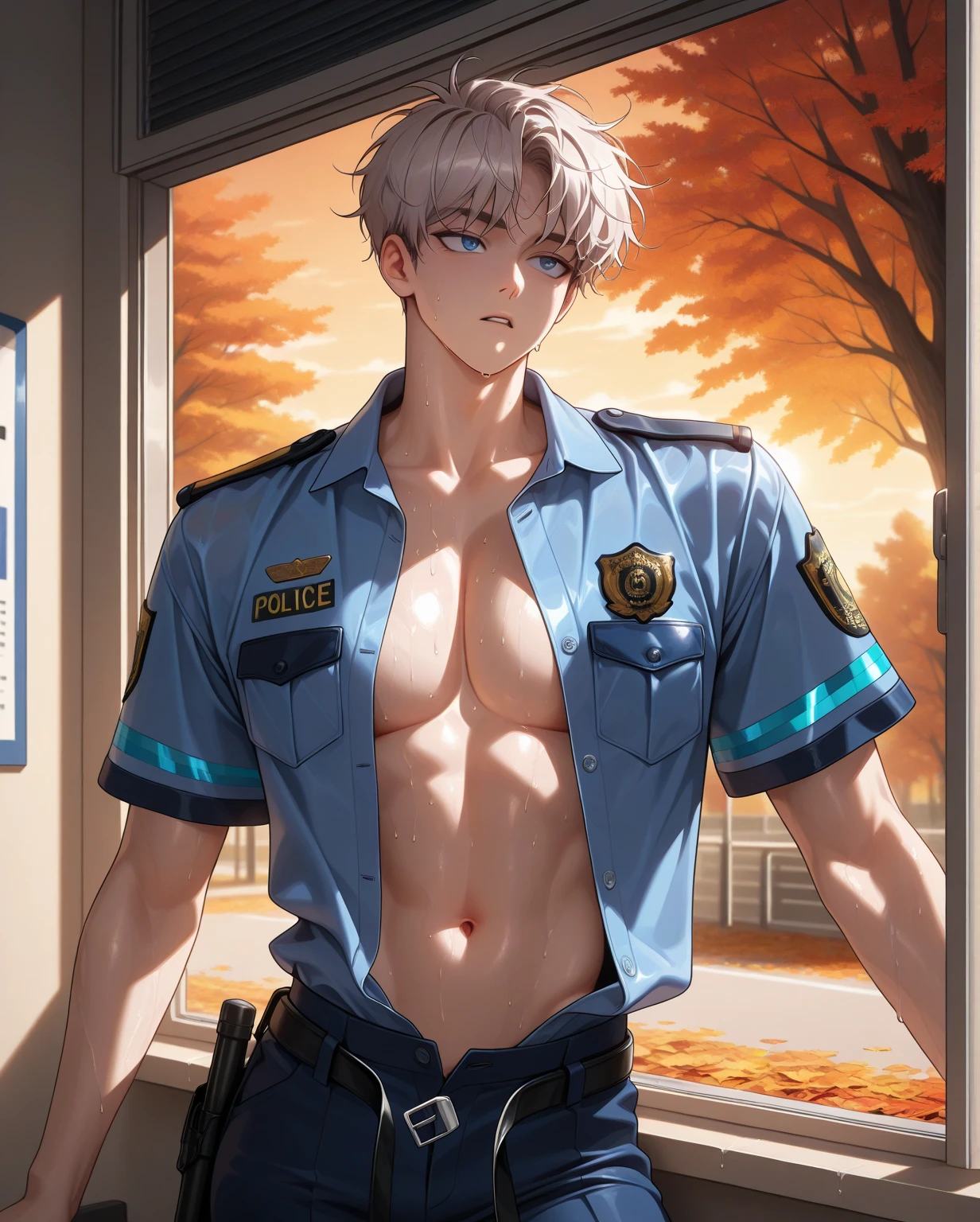 1 male handsome, Japanese male model, high resolution 4k, adult, perfect face, detailed eyes and face, muscular, white eyebrows, white eyelashes, Naked torso, Detailed face, perfect face, real skin texture, detail Perfect hand, details, Real and complete hand details, unreal engine, hd picture, satoru gojo, jujutsu kaisen, white hair, short hair ,hair between eyes ,blue eyes, white skin, police uniform, police hat