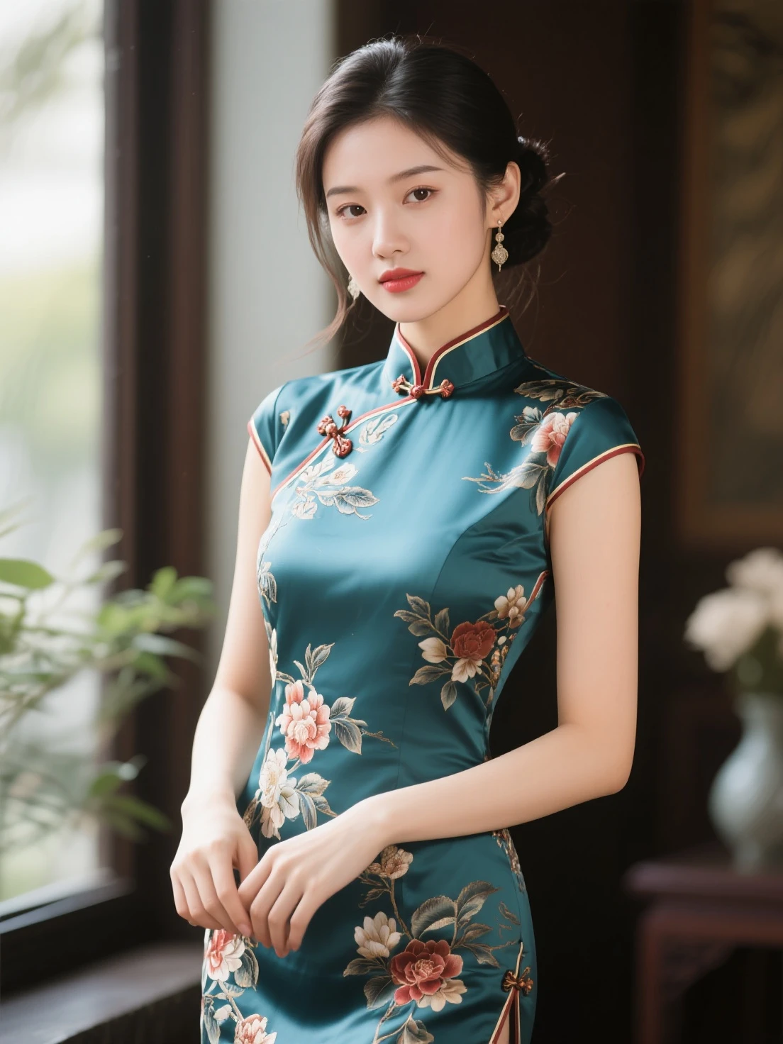 There is a woman in a cheongsam, 2 7 years old, 2 8 years old, 2 9 years old, 3 2 years old, delicate makeup, Ye Wen, 2 3 years old, round face, cute lian, gold tiara, pearl necklace, jade hairpin