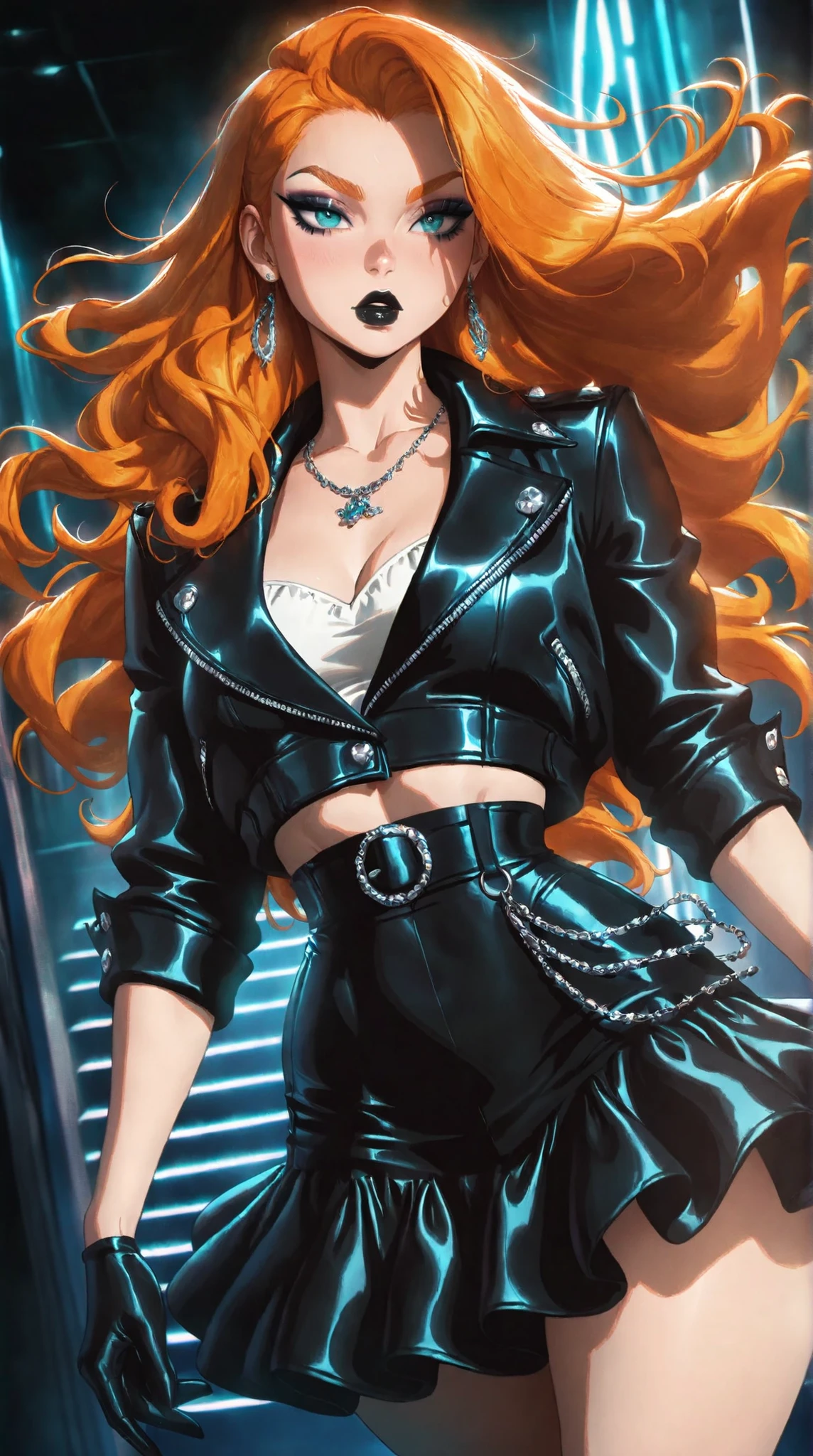 (TangoBat:0.7),(Sakimichan:0.7), 1girl, solo, long hair, ginger hair, aqua eyes, makeup, black lips, lipstick, mascara, eyeshadow, necklace, black crop jean jacket, gloves, black ruffled skirt, fashionable attire, dynamic angle, side lighting,masterpiece, best quality,absurdres,LDSCH Style, aesthetic,