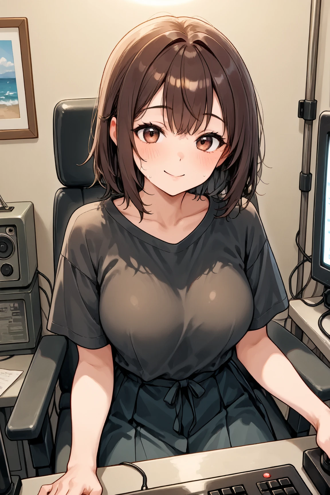 (((head shot))), ((from above)), frame in, from right in front of face and body, view straight on, upper body, High quality, very high res, High quality, very high res, cute girl, brown hair, forehead, blunt bangs, bob cut, blush, Brushed up bangs, wearing a plain t-shirt, shirt lift, medium breasts, pale pink nipples, I can see your belly button, (kneeling down pose) , her hands on the floor, (1boys), ((she is kiss pov short penis tip)), pleated skirt, at office