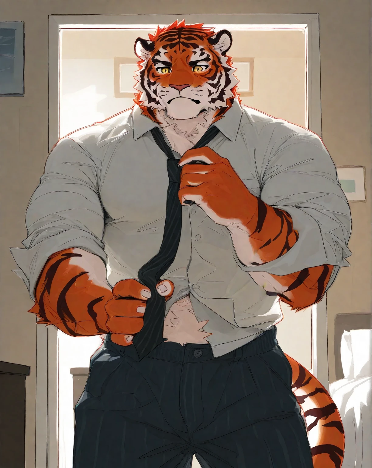 cover page, highres, top quality, best quality, paid reward available, unparalleled masterpiece, perfect artwork, absurdres, High-quality illustrations, super high resolution, detailed background,Perfect Anatomy(highly detailed beautiful face and eyes)absurdres, perfect anatomy(angelic nice 2boy, kemono, muscle man)(furry)(furry anthro:1.7)(Furry body, dog facial features, dog body features)(very detailed body fur)Top executives shake hands on the achievement of the project,, smile, portrait, high resolution, hyper realistic