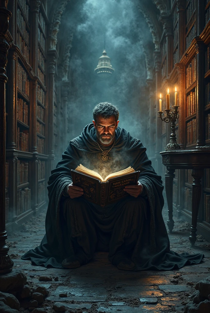Highest quality、masterpiece、(muscular male:1.2)、(father:0.5)、Black Hair、Brown skin、Short Hair、Sports haircut、short hair、fantasy、library、wizard、Wearing a jet black robe、bare chest、Have a magic wand、starry skies、Looking for a book