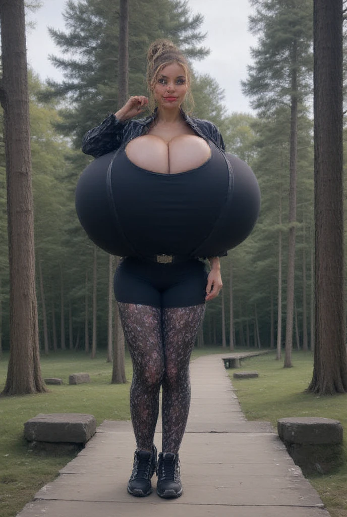 A 35 years old woman, walking on a paht in the forest, full body shot, Wearing a light grey sleeveless turtleneck top, small waist, business trousers, high heels, extremely (huge saggy breasts). She is smiling to me.