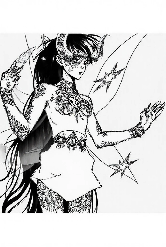 Sexy goth demon girl, coloring page, black and white, white background