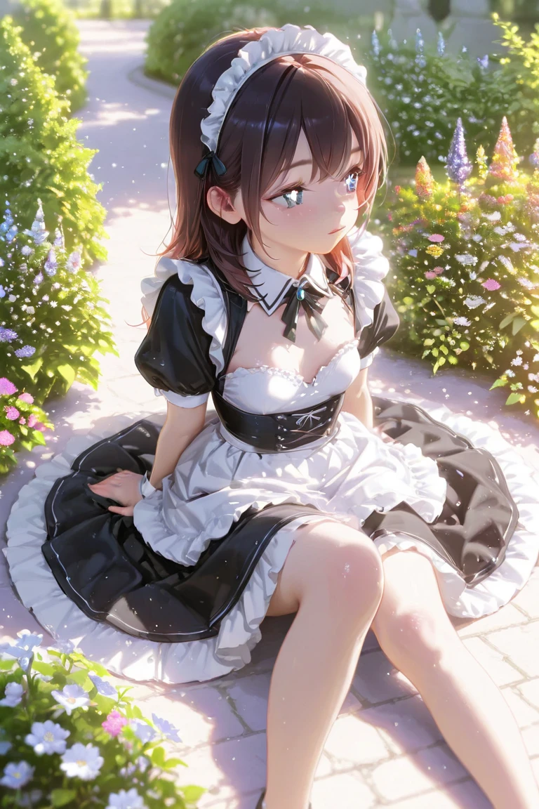 muste piece、masterpiece、highest quality、Super detailed、High resolution、8K portrait、High definition CG of Unity 8k wallpaper、cute type little:1.5、Lori:1.5、Highly detailed CG unity 8k wallpaper、Realistic、real person、 portrait photography、shiny skin、High definition、(16 years old:1.2)、(1 girl)、beautiful clear eyes、extremely detailed description、delicate face、nice lips、slender body、small breasts、thin waist、thin legs、(garden:1.6)、1 girl, cute type, perfect face, seriously, (blush:1.5),(brown hair bob hair:1.3),(small breasts:1.4),((Maid clothes:1.3)),((top clothes lturn up:1.3)),(I have nipples:1.2),(black dress),(looking at view:1.2),(from front:1.2),gran,((climax in vagina:1.5)),(hand on legs:1.2)