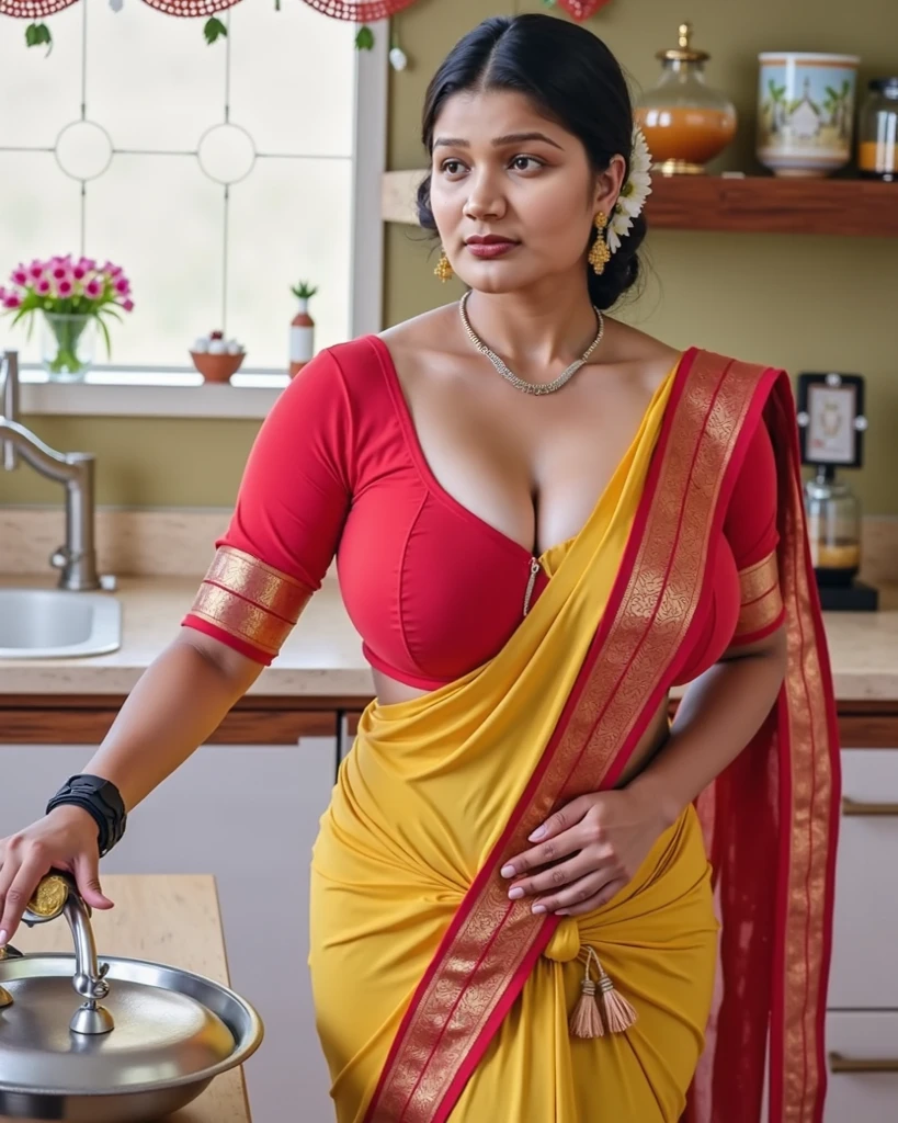 indian women, very very very fat body, working in a village kitchen, wearing a sexy saree, outdoor, posing a sexy photo while cooking, middle aged, beautiful face, very very big tits, very horny, outdoor village cooking