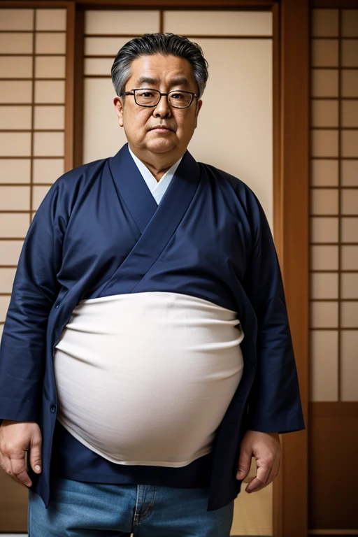 Middle-aged man in his 50s with thick Japan, 1man, little man, waddle, Standing with a shrug of shoulders, Keep your hands in front of you, Hands between legs, Spread legs, crewcut, Wearing a sumo white loincloth, white briefs, thong, toppless, Bare legs, Shy, tearful, sob, Bowleg, There is a puddle at his feet, Pastel colored rooms, Side view, a picture, high detail photo, masutepiece