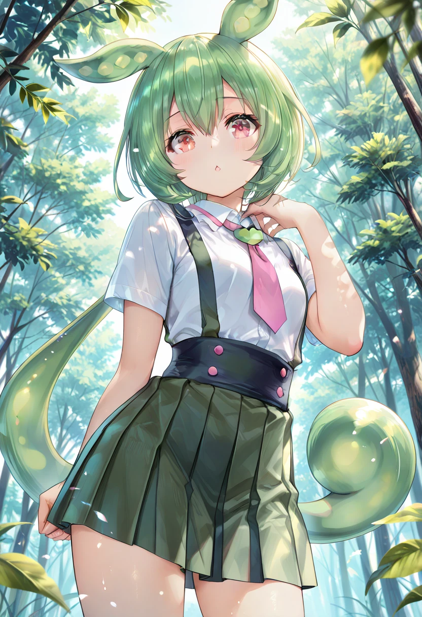 (Realistic painting style:0.9), masterpiece, Highest quality, NSFW, draw, illustration, best quality, bed, beautiful detailed eyes, 1girl, 0, kawaii, deformation, tachi-e,white skin, spread legs,short hair, straight hair ,light green hair , hair between eyes ,(light green ears), (light green dog ears),( white frilled white polo shirt), (pig Tail hair), ((Yellow eyes)),Look up here,On the way to take off your underwear(Embarrassing,blush:1.5)、In nature