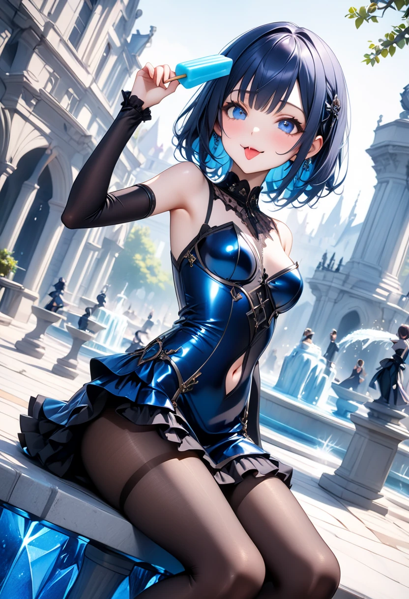 Masterpiece, Beautiful art, professional artist, 8k, art style by sciamano240, Very detailed face, Detailed clothing, detailed fabric, 1 girl, Soul Fullness \(Honkai Impact 3rd\), standing, perfectly drawn body, shy expression, 4k eyes, very detailed eyes, pale skin, beautiful face, short dark blue hair, choker: 1.6, (shiny black tight bodysuit), black gloves, gloves that cover hands, Sensual Lips , evening de invierno, show details in the eyes, looking at the viewer, Dark road, dark forest, evening, Atmosphere, fog
