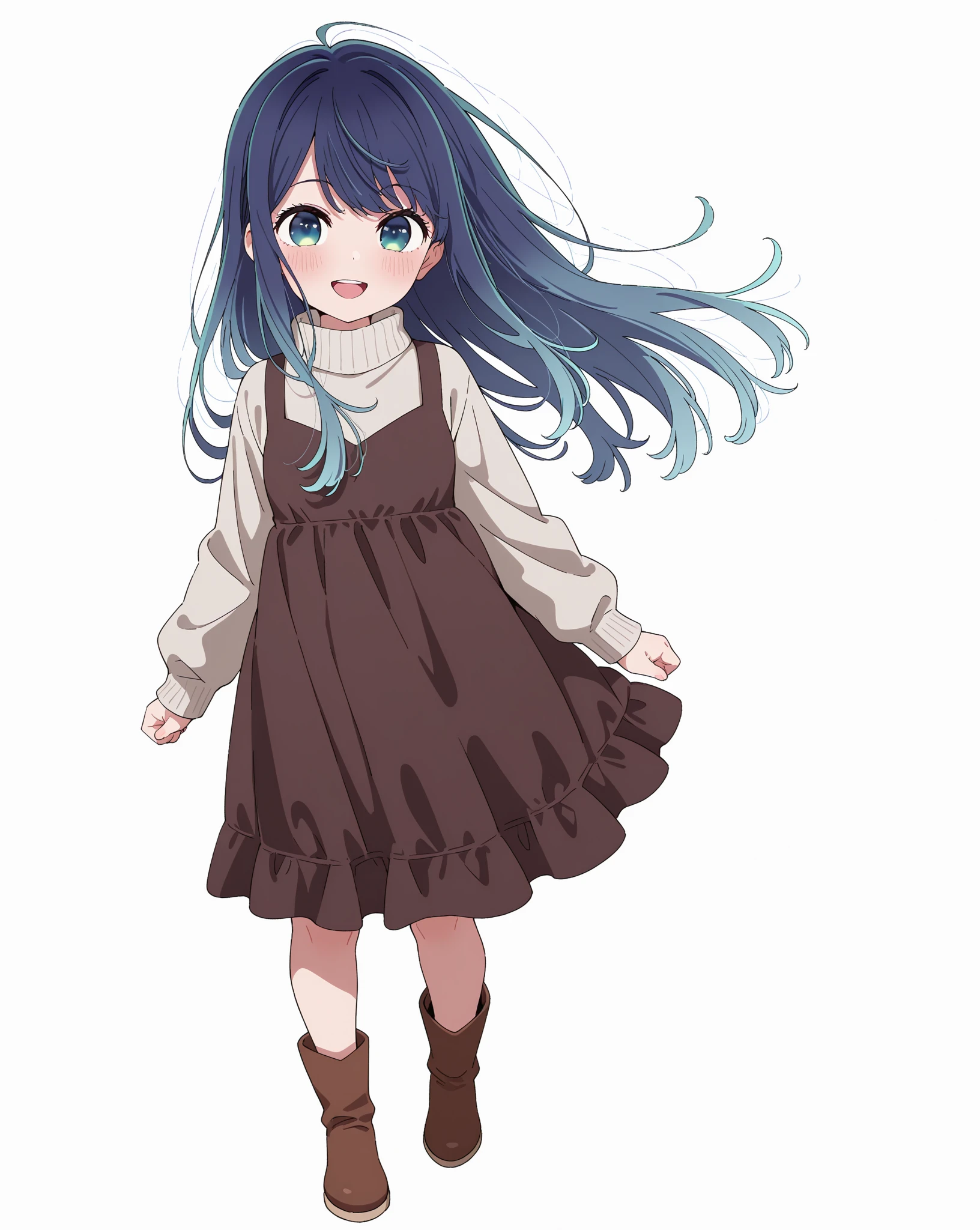 masterpiece, best quality, newest, ultra-detailed, super detailed skin, , , toddler, toddler girl, (petite:1.5), 1girl ,solo, small breasts, blush, kurokawa_akane_ilxl, season1, baseoutfit2, 1girl, blue hair, long hair, dress, blue eyes, boots, long sleeves, brown footwear, floating hair, bangs, sleeves past wrists, brown dress, sweater, turtleneck,
standing, smile, open mouth, looking at viewer, close to viewer, full body, front view, simple background, white background,