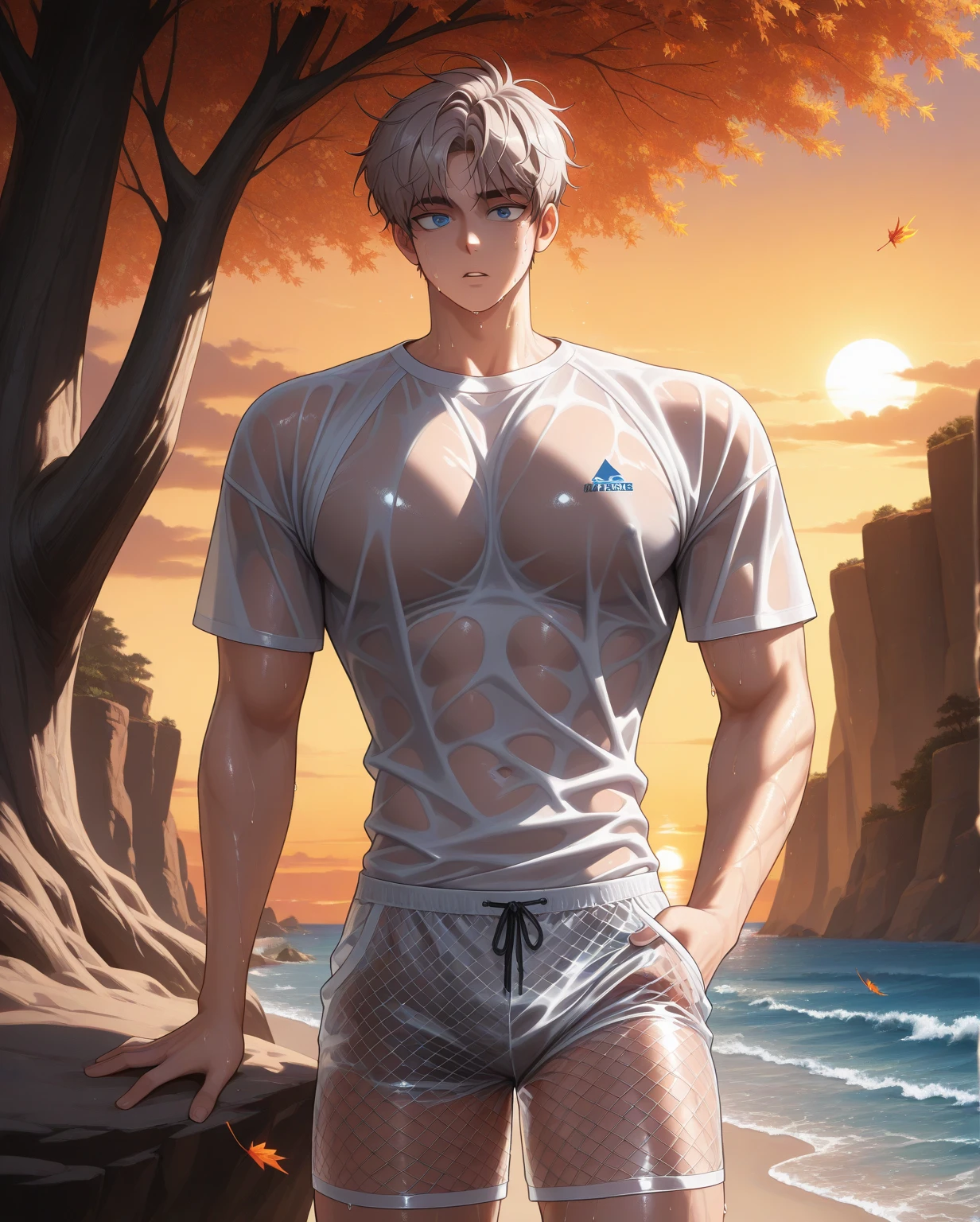 1 male, high resolution 8k, young, handsome, perfect face detail, detailed eyes and face, clean shaved, sixpack realistic, white eyebrow hair, white eyelashes, dynamic lighting, unreal engine, hd picture, satoru gojo, Jujutsu kaisen, white hair, short hair ,hair between eyes ,blue eyes, white skin, beach background