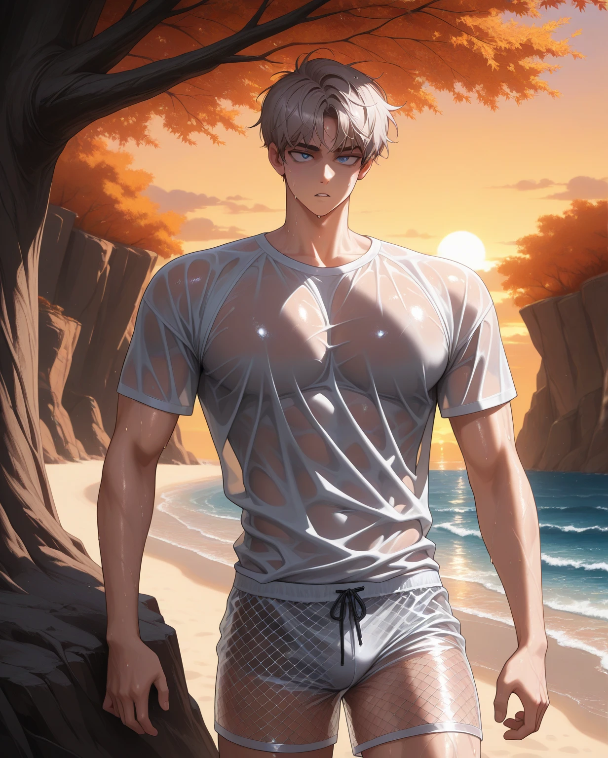 Male, shirtless, wet, white hair, blue eyes, standing on the edge of a lake, pants