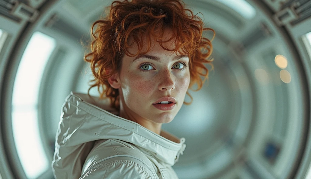 rmx, full body, beautiful girl, physical rendering photo of an 21 year old girl, curls, freckles, unbuttoned, white blouse, inside a spaceship background, light on face, dream, magical atmosphere, cinematic lighting, embers, fantasy, action pose, mist, CRU photo, 8k uhd, film grain