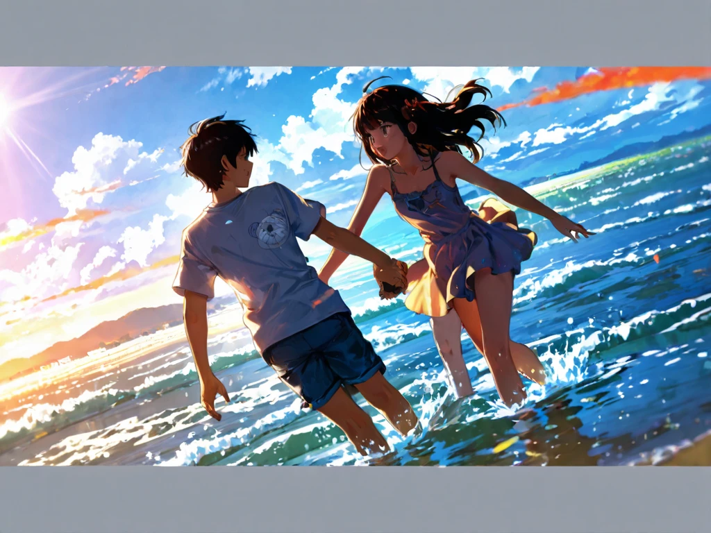 beachside,The couple was running,In the rough waves, their faces were full of happy smiles,sunlight shining upon them,It presents a picture full of life。 --auto