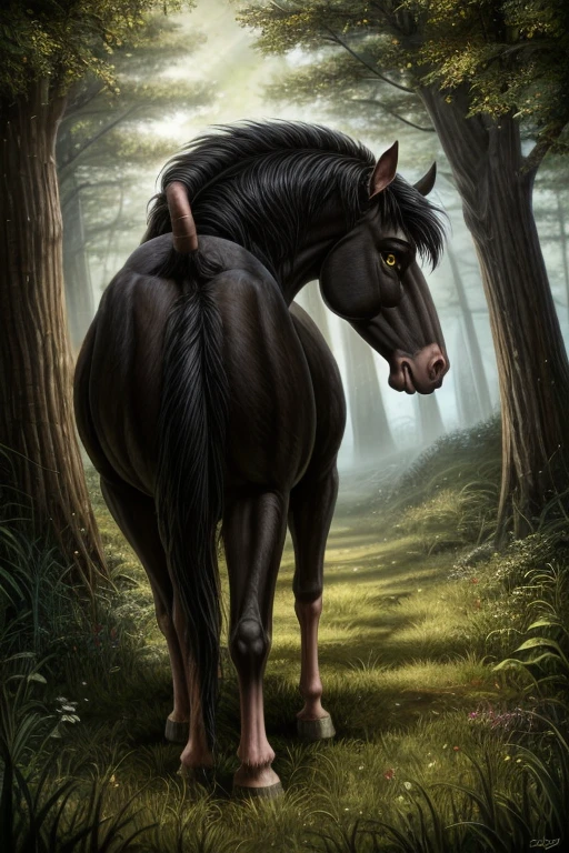 stallion color black horse Anthro((perfect anatomy)),big butt,two balls between the legs((perfect precision)), with jockstrap((perfect precision)), beautiful butt((perfect quality)), male, on mid of forest, Bara((perct precisoin)), long black hair((perfect quality)),green eyes((perfect quality)),anime art ((best quality)), 4k