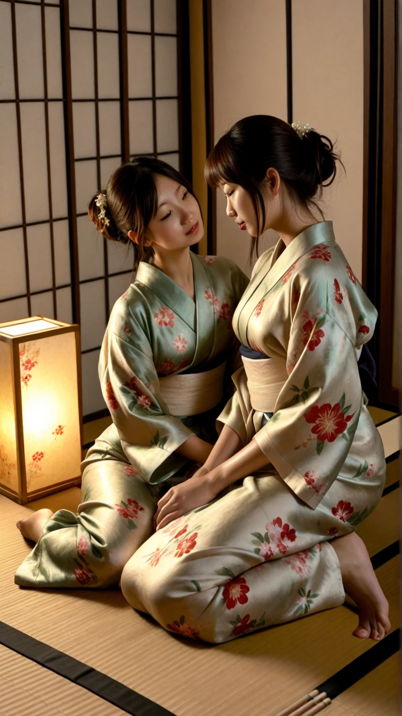 nsfw,32k,HDR,High resolution,(masterpiece,Highest quality,Realistic,High resolution),二人のJapanese women,(Two women in love),Two women staring at each other,Japanese women,Highly detailed eyes and pupils,Realistic,Beautiful black hair,Highly detailed hair,Delicate face,Sensual look,Natural Lip,((Full Body Shot)),Sad expression,(kimono:1.5),(Floral:1.2),((sash)),,In a dimly lit room, Japanese-style room,sit on tatami,Shoji screen,Ecstasy,Acme,Ahegao,Sensual look,kimonoをはだける,Take out your nipples,Exposed thighs,Showing off your crotch,Spread your legs,(Constraints),((rope)),(ropeで縛られる:1.2),(Bondage),(Tattoo),(全身にTattoo:1.2),(Tortoiseshell binding),(太股にTattoo),((胸にTattoo)),