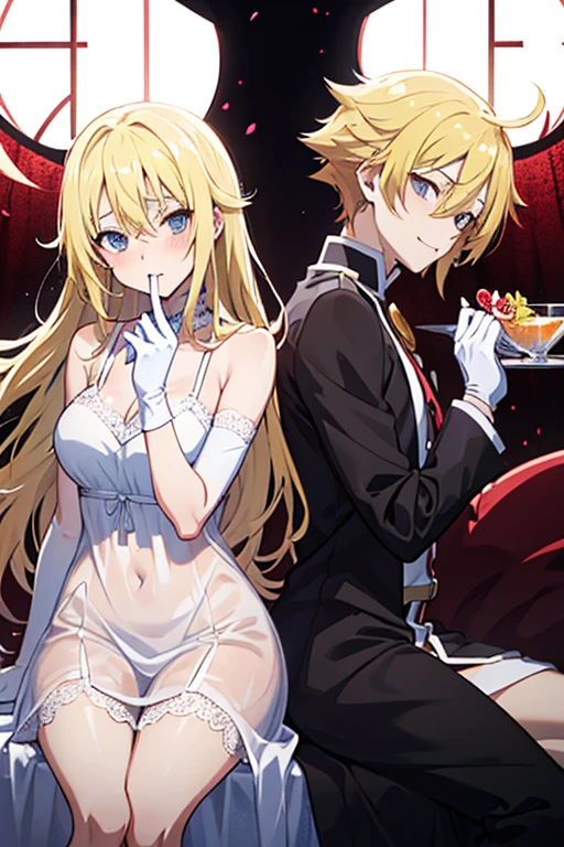 two sexy women in casino outfits looking down at 4 years old boy with blonde hair, seductive smiles, portrait, various hair