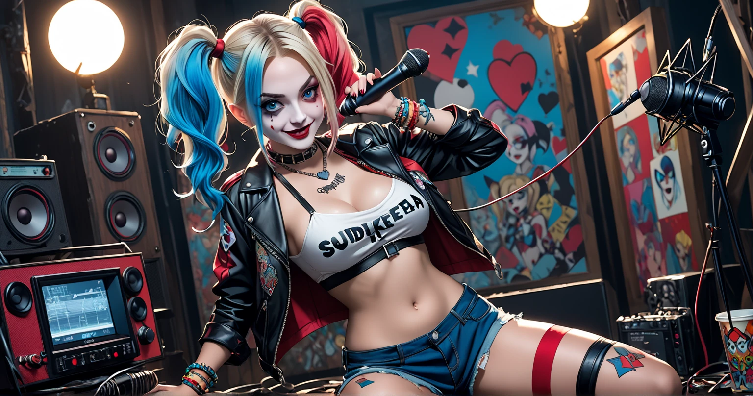 HarleyQuinn, light blue eyes, (best quality,ultra-detailed),(Realistic:1.37), beautiful and detailed face, Ultra-realistic texture, delicate face, athletic body, vivid colors. High definition, 8K. cute smile expression