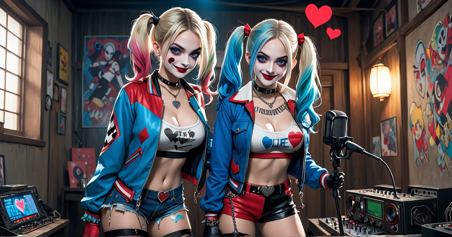 masterpiece. two beautiful emma watson dressed as girls clowns. blonde, ponytail, faint smile. intricate tight short uniform, crop top, red socks. dark ambient. cute pose.