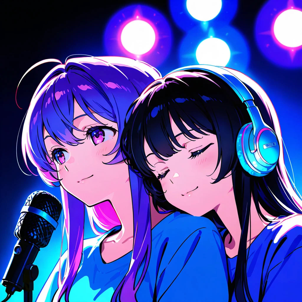 2girls, lilac hair, couple, black hair, resting head on girlfriend’s shoulder, in front of podcast microphone, both giggling, both wearing professional headphones. Soft lighting, colorful LED lights, high quality, cute
