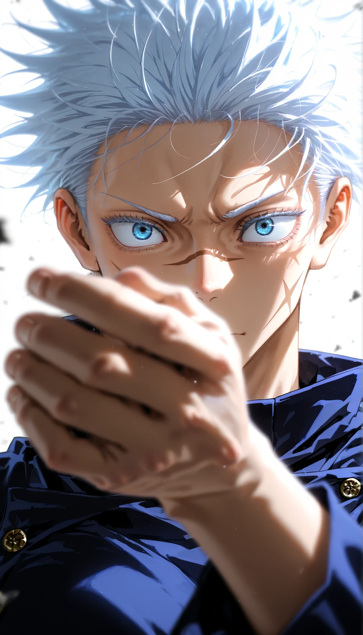 depth of field, high definition image,a lot of details,Gojo de Jujutsu Kaisen ,white hair,blue eyes