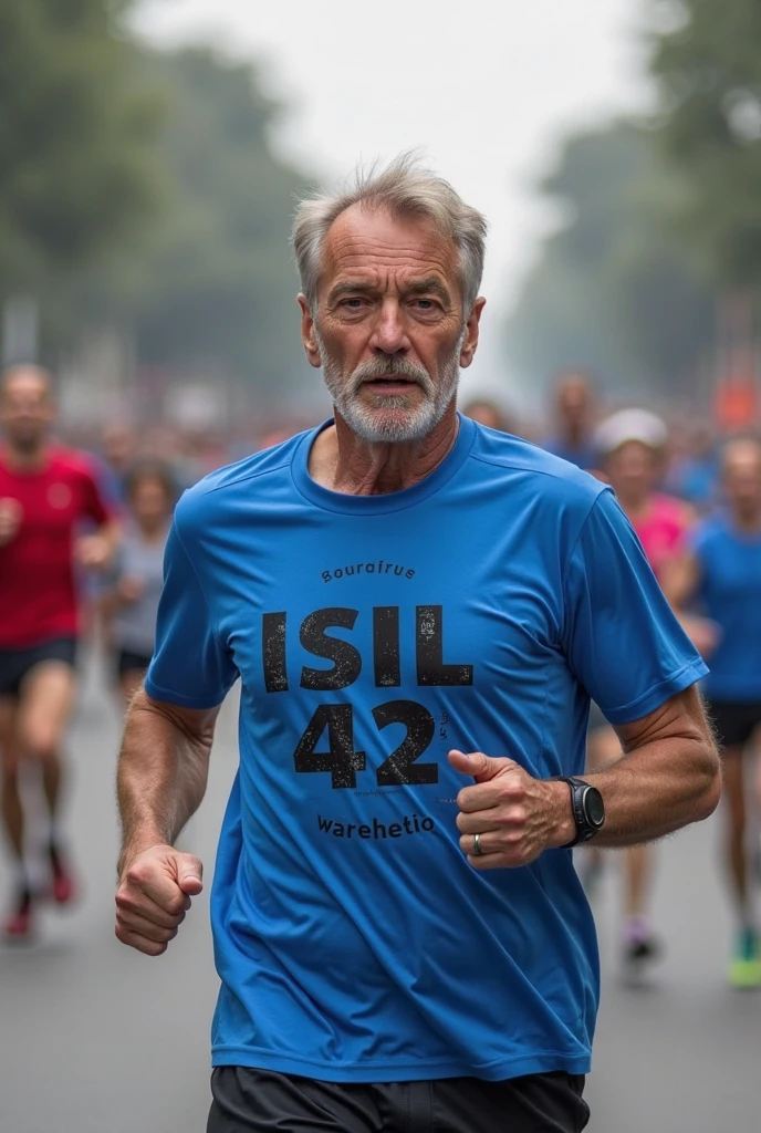 cinematic photo elderly happy hippie man (muscular athletic:1.2), beard, moustache, (wet very long messy hair:1.3), sweat stains, marathon race, vintage Olympics dress, winning, simple background . 35mm photograph, film, bokeh, professional, 4k, highly detailed