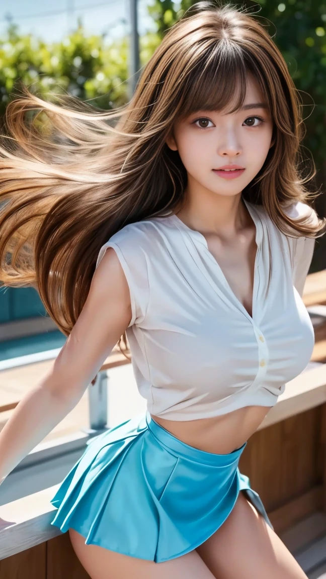 Sexy cute looks and cute 15 year old beautiful girl, Beautiful and sexy face、A strong wind blows my hair in front of my face、Blonde French braids with cute and sexy eyes hidden by long bangs、Off-the-shoulder T-shirt、Tulle miniskirt