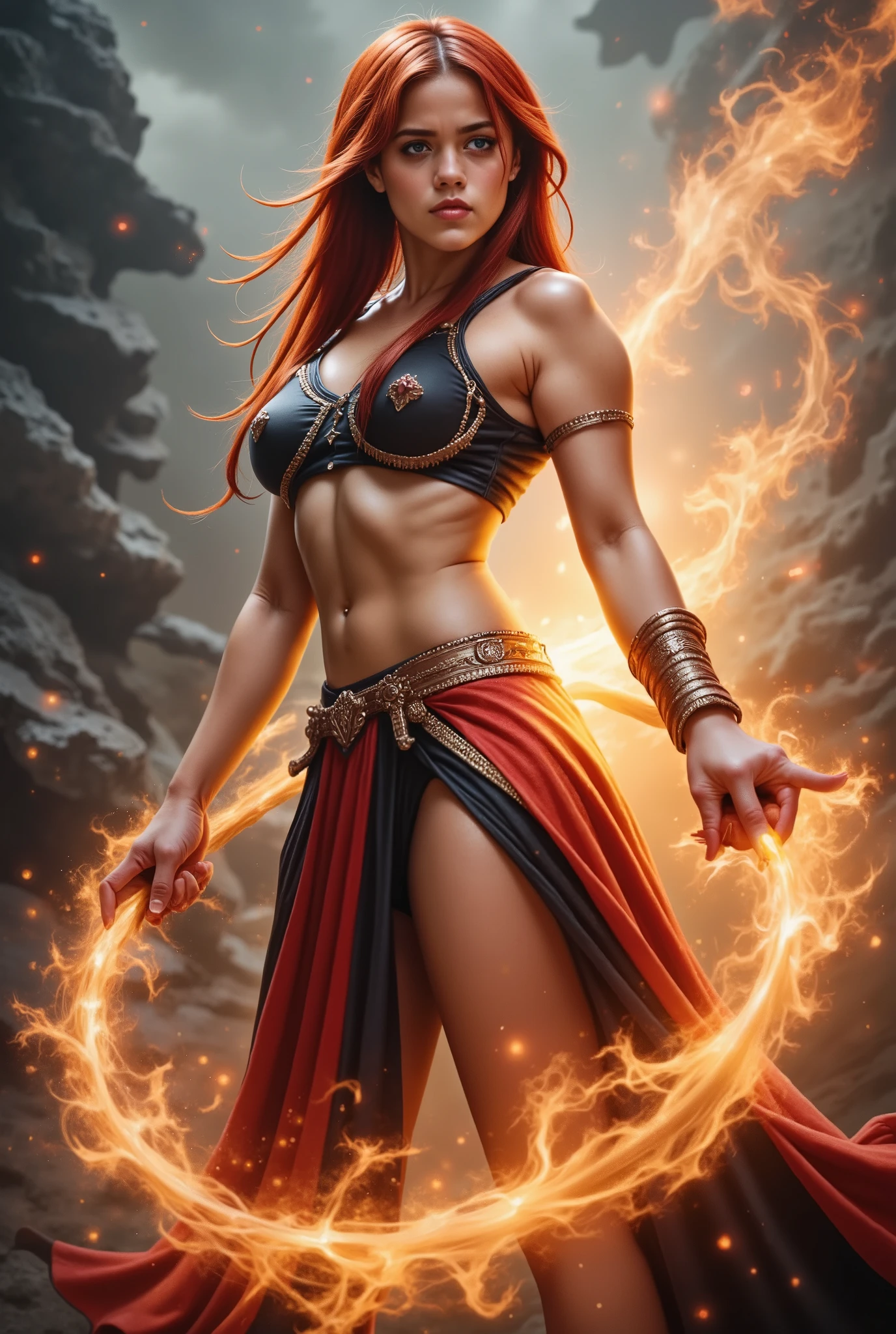 melhor qualidade,4k,8k,alto,master part:1.2,(Realistic,photo-realistic:1.37),ultra-detalhado,mulher nova com pele negra,red hair,Olhos vermelhos,sardas,beautiful lips,Awakening the Power of Phoenix Pose, (vestido laranja,,Standing in the rubble, Chamas ao seu redor,Transmitting Your Inner Strength and Transformation,envolto em uma aura vibrante,Tons de cores fortes ,mistura roxo,laranja,e ouro,bringing out the vibrant and energetic feeling,Extraordinary depth and detail in your eyes and face,elongated eyelashes and fiery irises,Expressing Determination and Power,fundo sutilmente texturizado e vibrante,Oil Painting Style with Meticulous Brushwork,Adding a touch of elegance and depth to the image, fogo em volta dela, peitos grandes, bunda grande, Athletic Physique, coxa grossa, sendo possuida pelo poder oculto da fenix