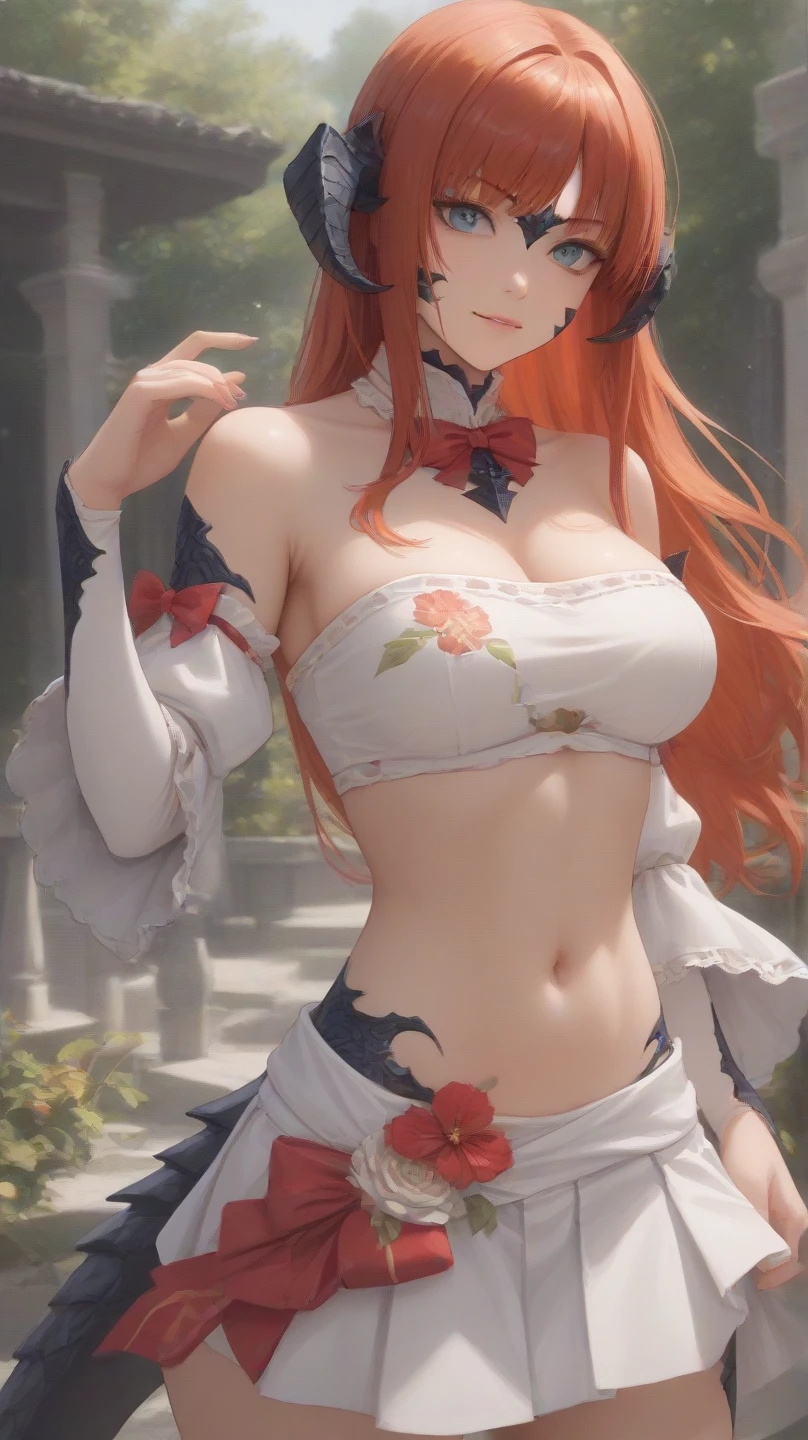 masutepiece、Best Quality、hight resolution、white dres、a black ribbon、(Vibrant colors:1.2)、(masterpiece:2.0)、onepiece、Uta、left red hair、right gray hair、Not wearing pants、divine spirit、Flushed cheeks、Beautiful girl in every detail、Body shining with sweat、Wet、Seductive thighs、sexy pose、(round breasts:1.5)、((Panties))